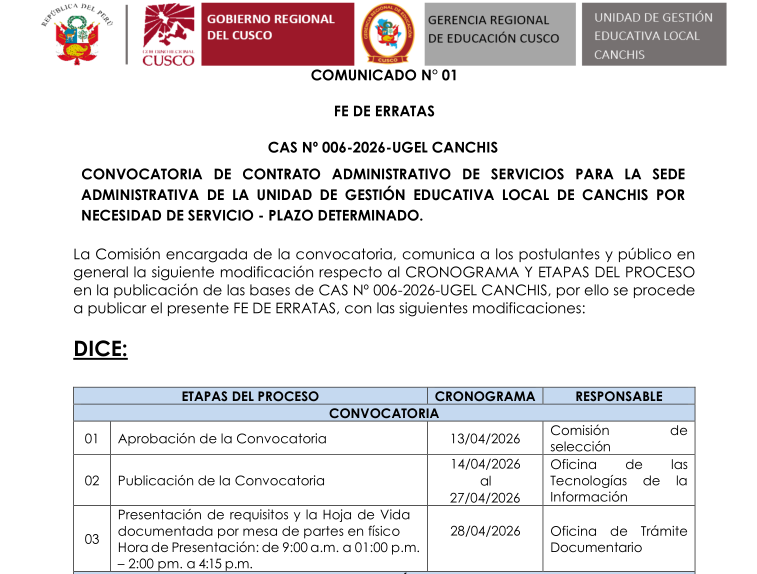 Comunicado N° 01 FE DE ERRATAS CAS Nº 0062026UGEL CANCHIS